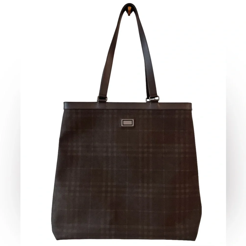✨BURBERRY✨Dark Brown Nova Check Print PVC w/Leather Trim Tote - Picture 1 of 6
